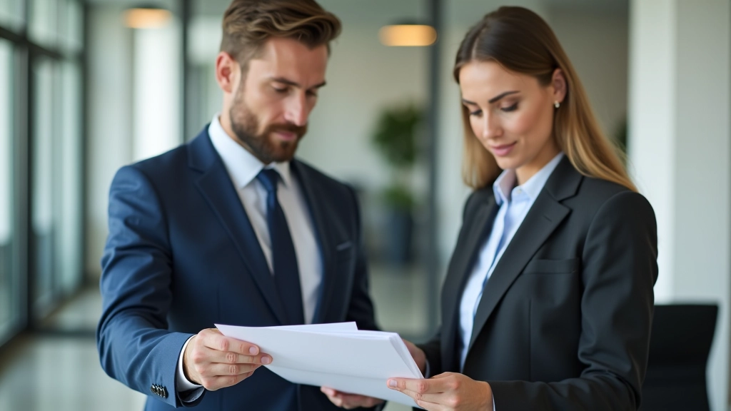 Geschäftsmann und Geschäftsfrau in modernem Büro, studieren Dokumente und Finanzberichte für Förderungsantrag
