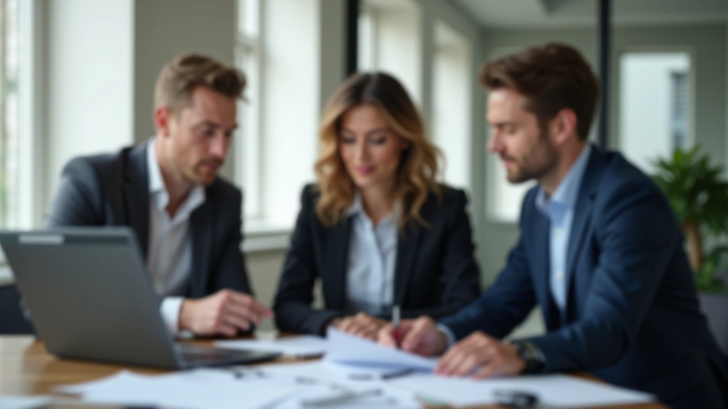 Mehrere Geschäftsleute in modernem Büro bei einer Besprechung mit Laptops und Unterlagen auf dem Tisch