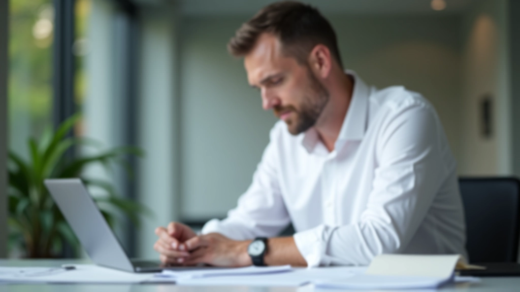 Geschäftsmann in modernem Büro am Schreibtisch arbeitend, umgeben von Dokumenten und Laptops, nachdenklicher Ausdruck
