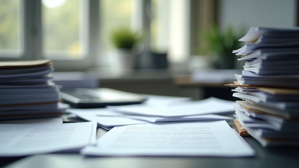 Schreibtisch überdeckt mit Stapeln von Papieren und Dokumenten, symbolisiert administrative Belastung