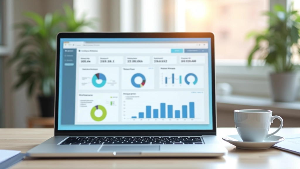 Moderne Büroumgebung mit digitalen Tools auf dem Monitor, cloudbasierte Verwaltungslösungen