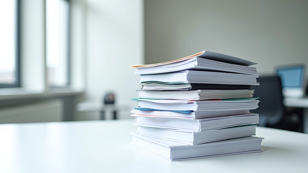 Schreibtisch mit großem Stapel von Dokumenten, Ordnern und Unterlagen, die Komplexität der Bürokratie symbolisierend