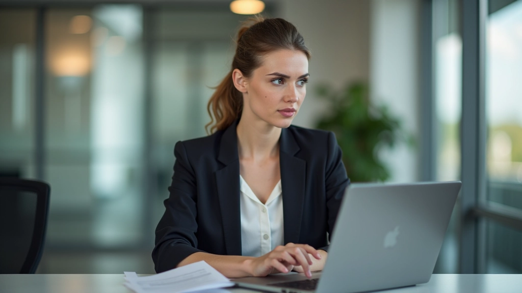 Geschäftsfrau an ihrem Schreibtisch mit Laptop und Dokumenten, konzentriert arbeitend
