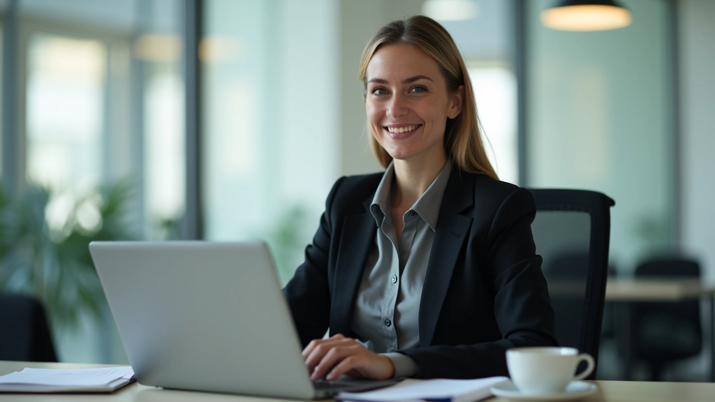 Geschäftsfrau in modernem Büro am Schreibtisch mit Laptop und Notizbuch